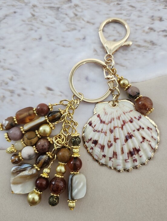 Handmade Accessories - Coastal shell Purse Charm or Keychain Jasper Agate Rhodonite Handcrafted
